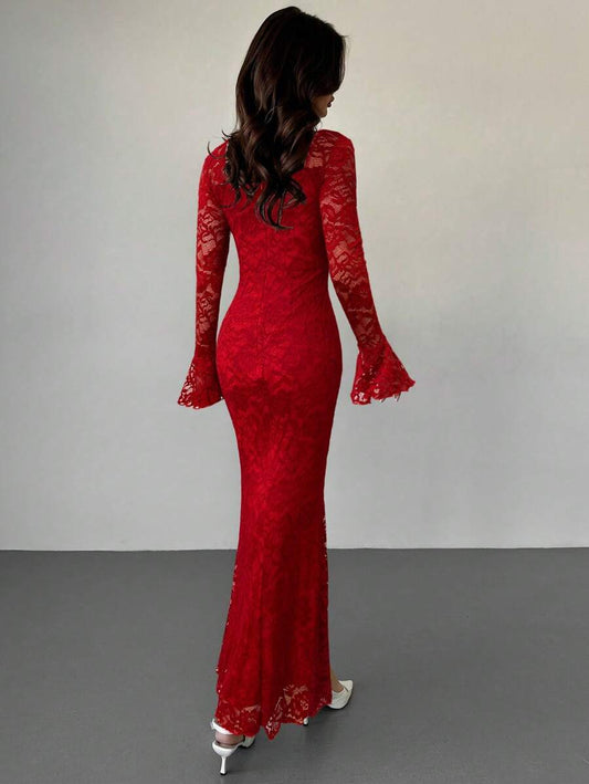 SHEIN Firerie فستان احمر ضيق بياقة مربعة وأكمام جرس