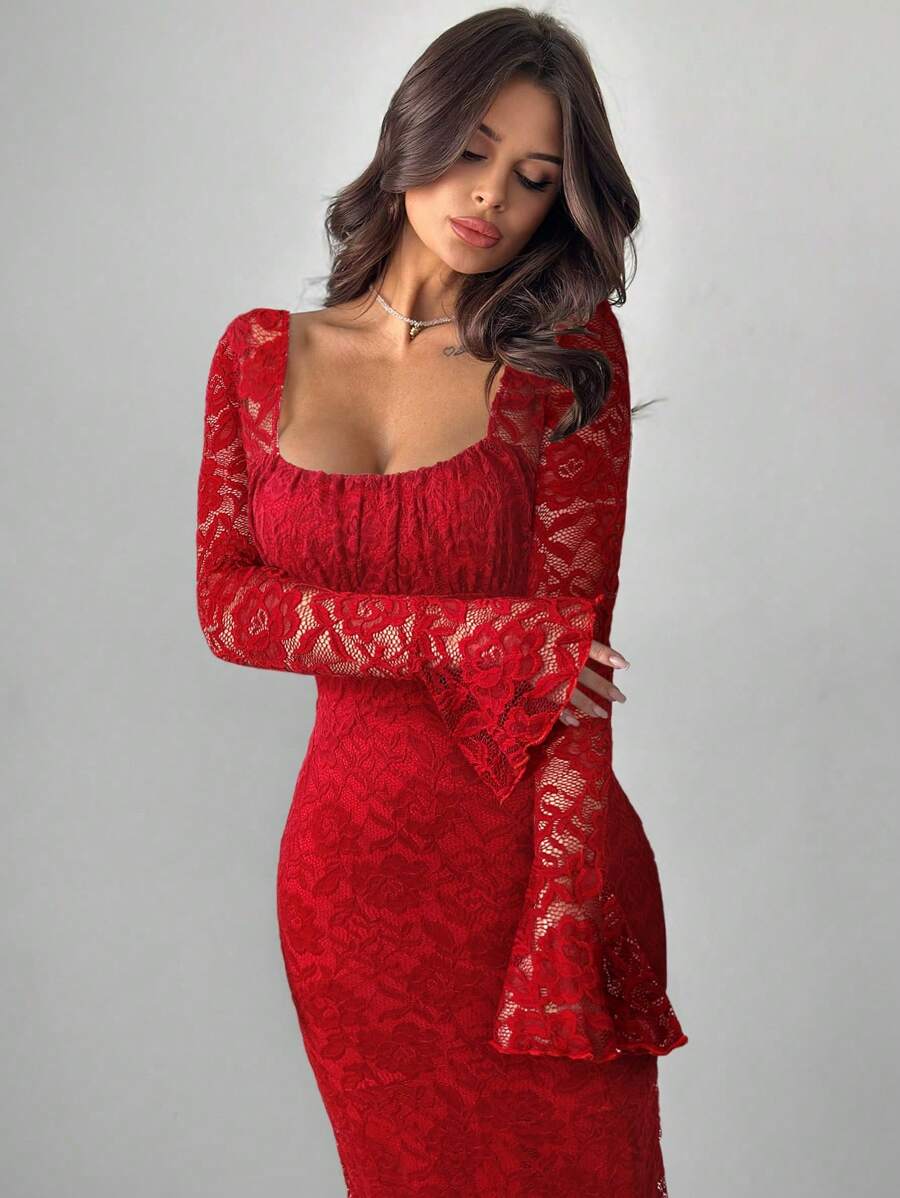 SHEIN Firerie فستان احمر ضيق بياقة مربعة وأكمام جرس