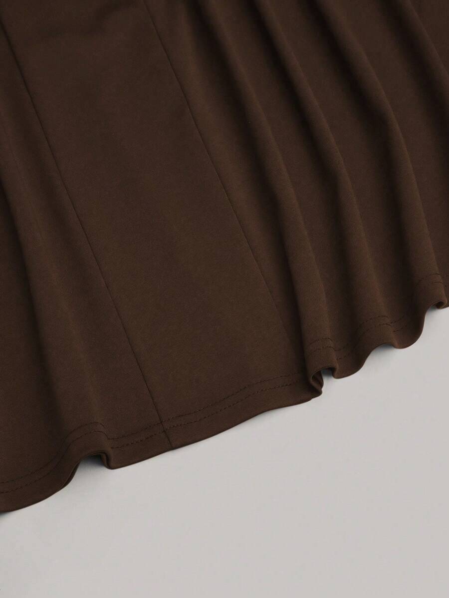 SHEIN Belle فستان بني متوسط الطول بأكمام منحرفة عن الكتف