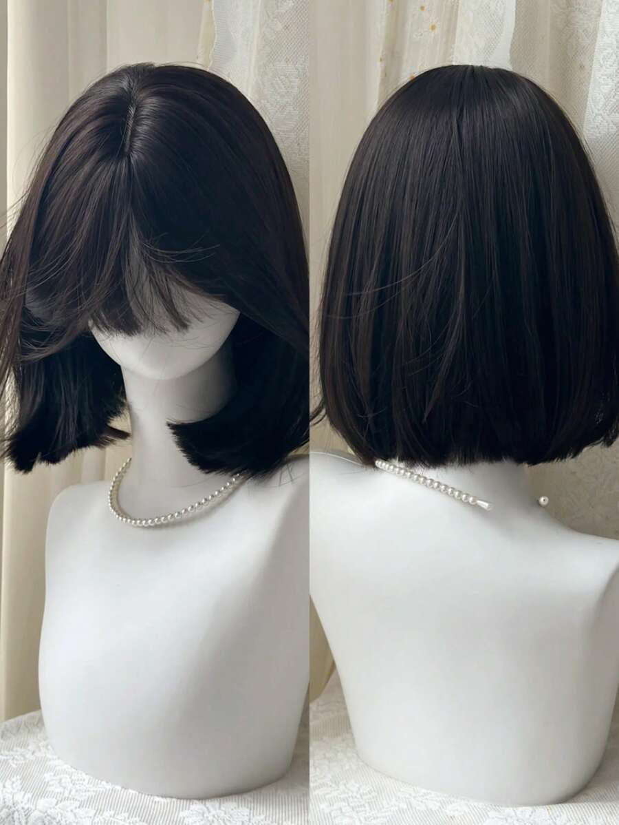 SHEIN طقم باروكة بوب قصيرة مستقيمة بني غامق 12 بوصة