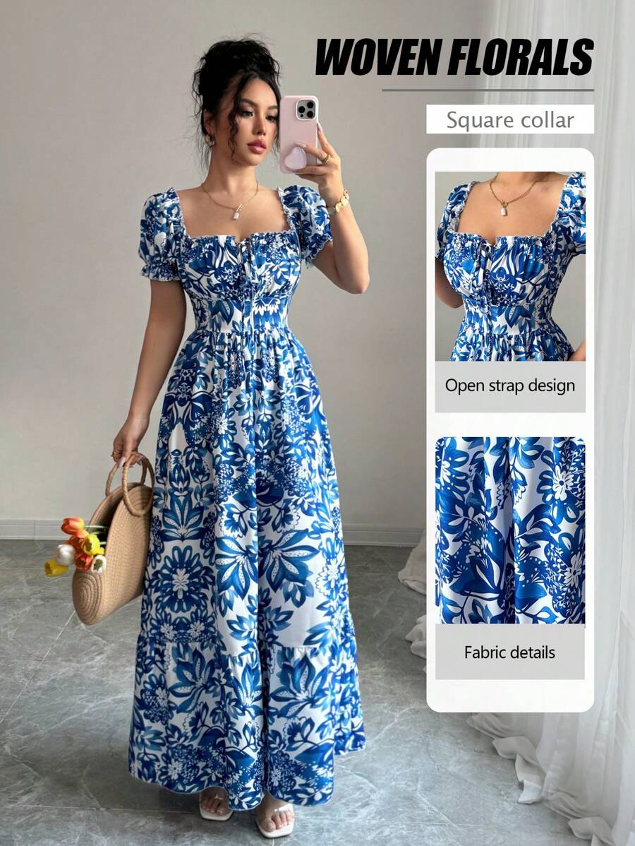 SHEIN Elenzga فستان ازرق بطبعات زهور