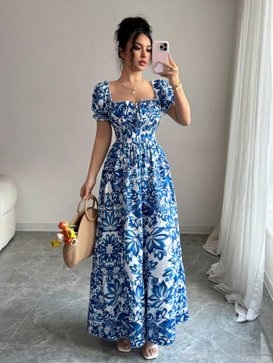 SHEIN Elenzga فستان ازرق بطبعات زهور