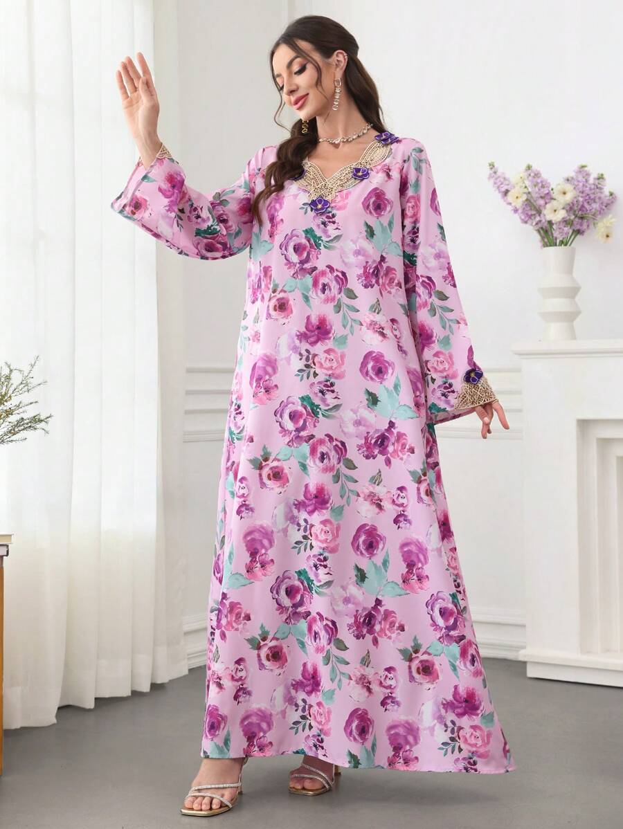SHEIN Yasmyna جلابية قفطان طويل تقليدي بتصميم زهري