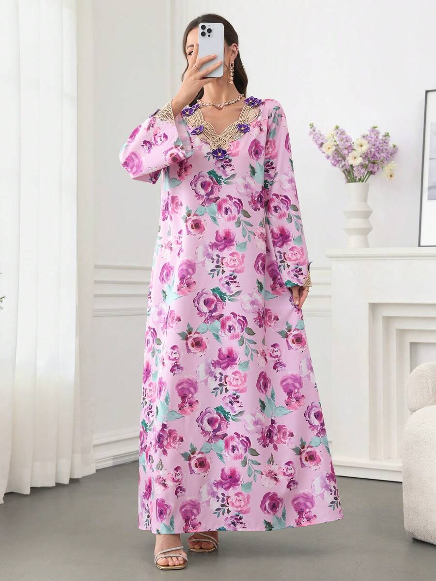SHEIN Yasmyna جلابية قفطان طويل تقليدي بتصميم زهري