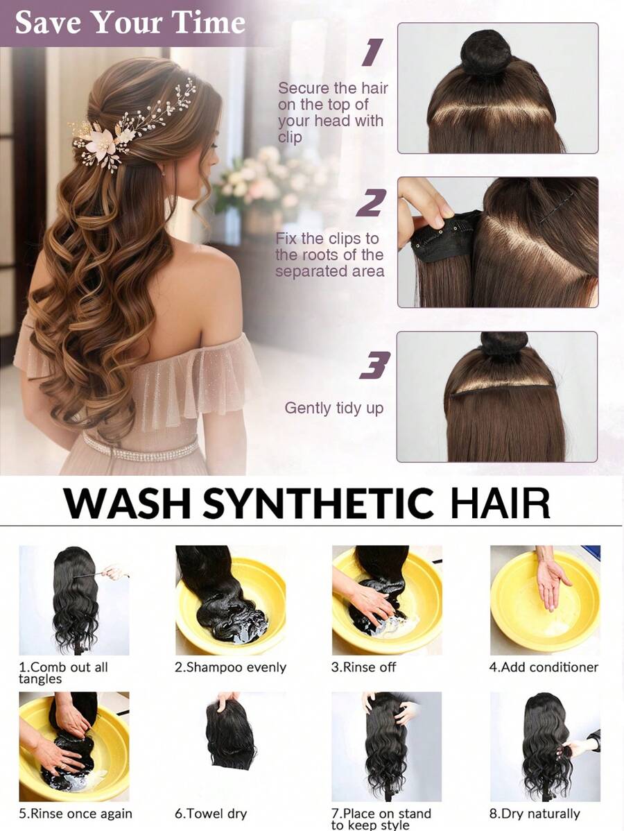 SHEIN طقم 4 قطع تمديدات شعر طبيعية 20 بوصة موجية من ألياف