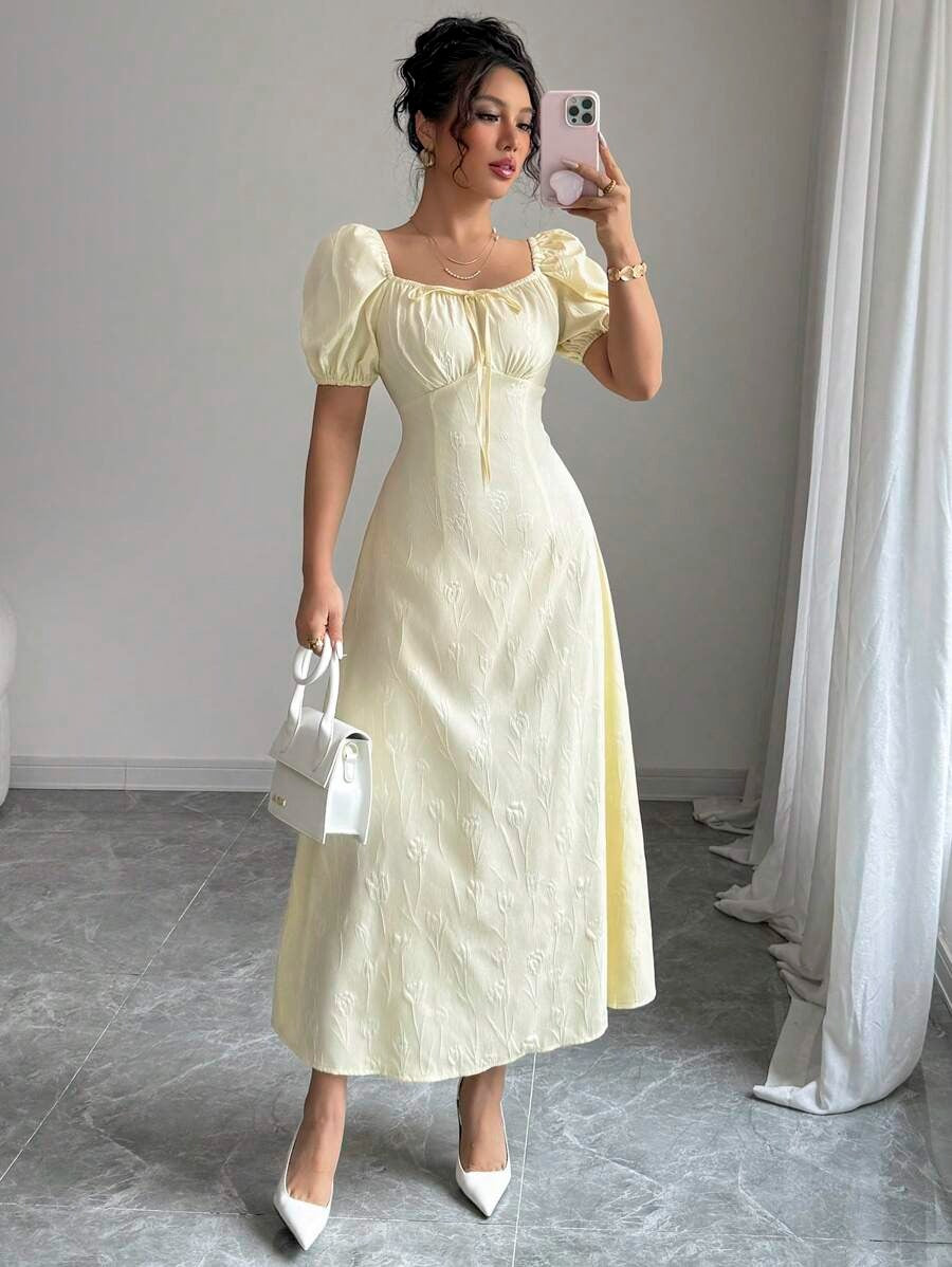SHEIN Modelyn فستان أصفر طويل بياقة مربعة وسحاب خلفي