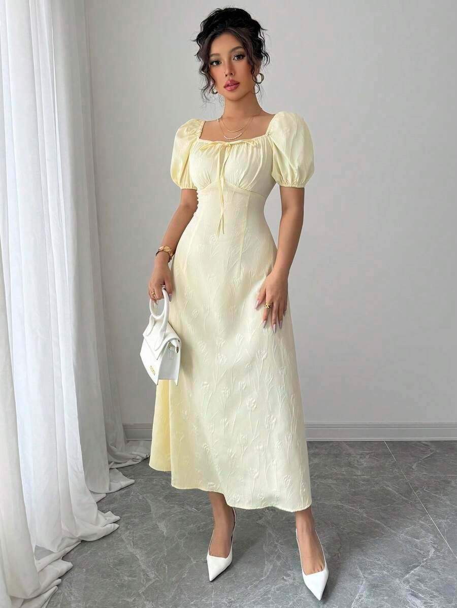 SHEIN Modelyn فستان أصفر طويل بياقة مربعة وسحاب خلفي