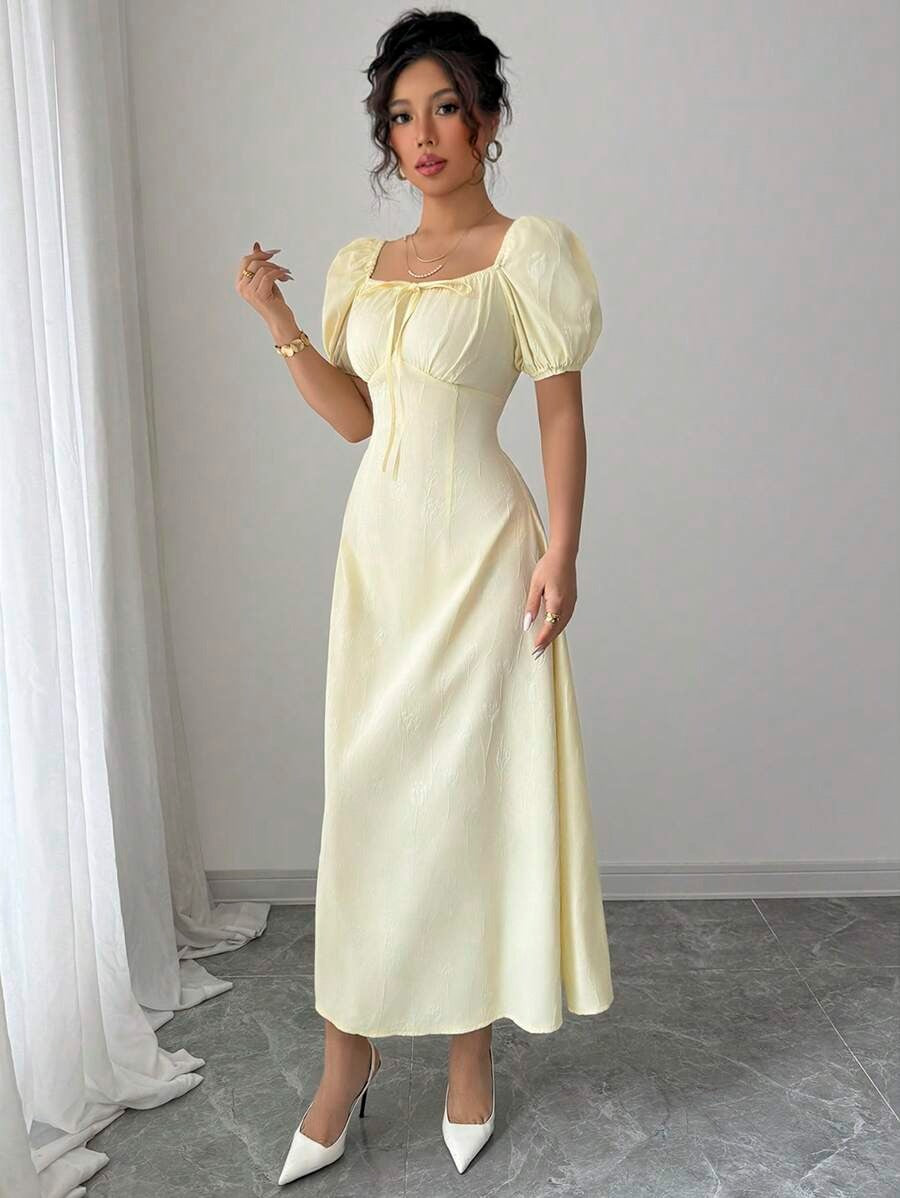 SHEIN Modelyn فستان أصفر طويل بياقة مربعة وسحاب خلفي