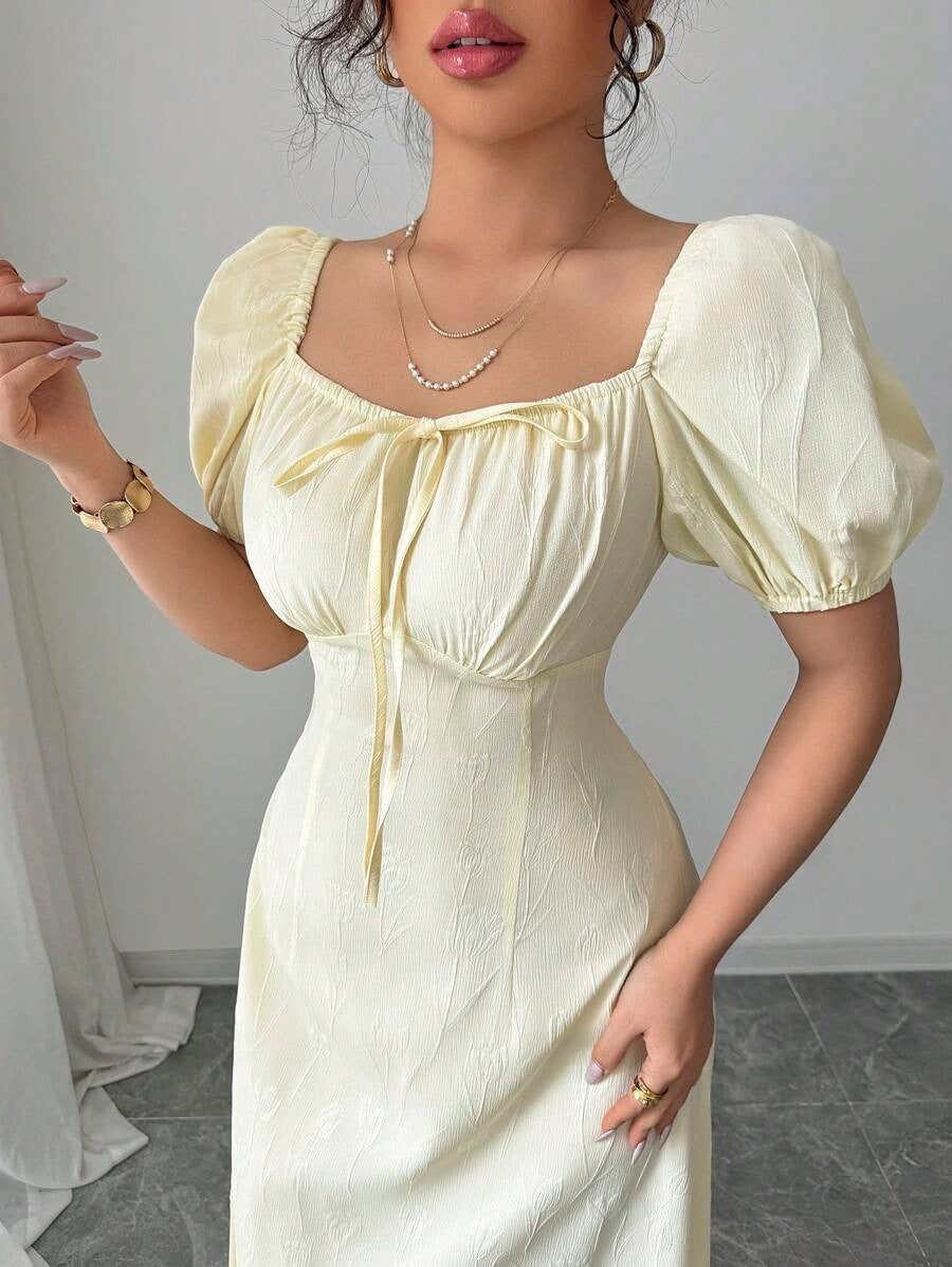SHEIN Modelyn فستان أصفر طويل بياقة مربعة وسحاب خلفي