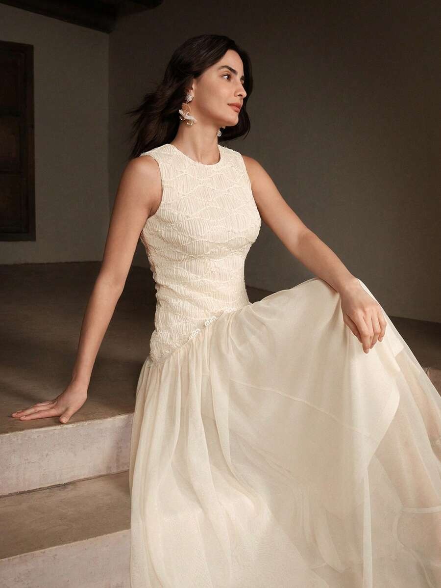 SHEIN Anewsta فستان نسائي ماكسي طويل بلون مشمشي