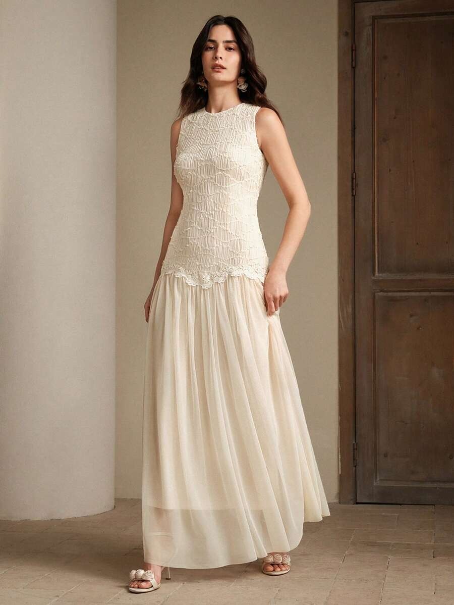 SHEIN Anewsta فستان نسائي ماكسي طويل بلون مشمشي