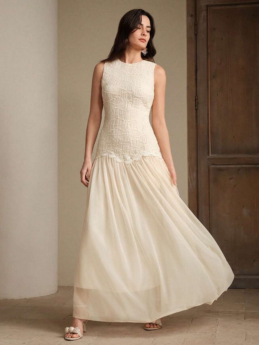 SHEIN Anewsta فستان نسائي ماكسي طويل بلون مشمشي