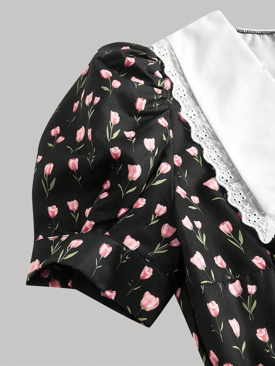 SHEIN MOD فستان بطباعة زهور بأكمام منتفخة كاجوال
