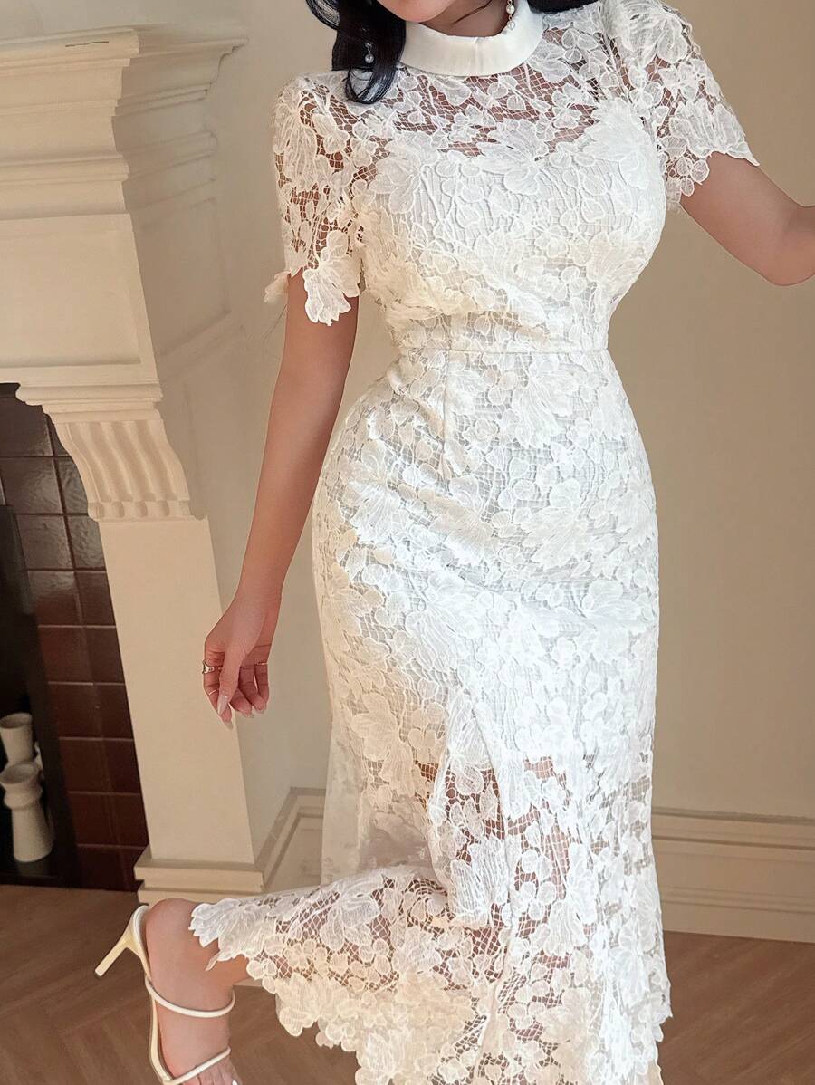 SHEIN DAZY فستان ابيض متوسط الطول شفاف من الدانتيل