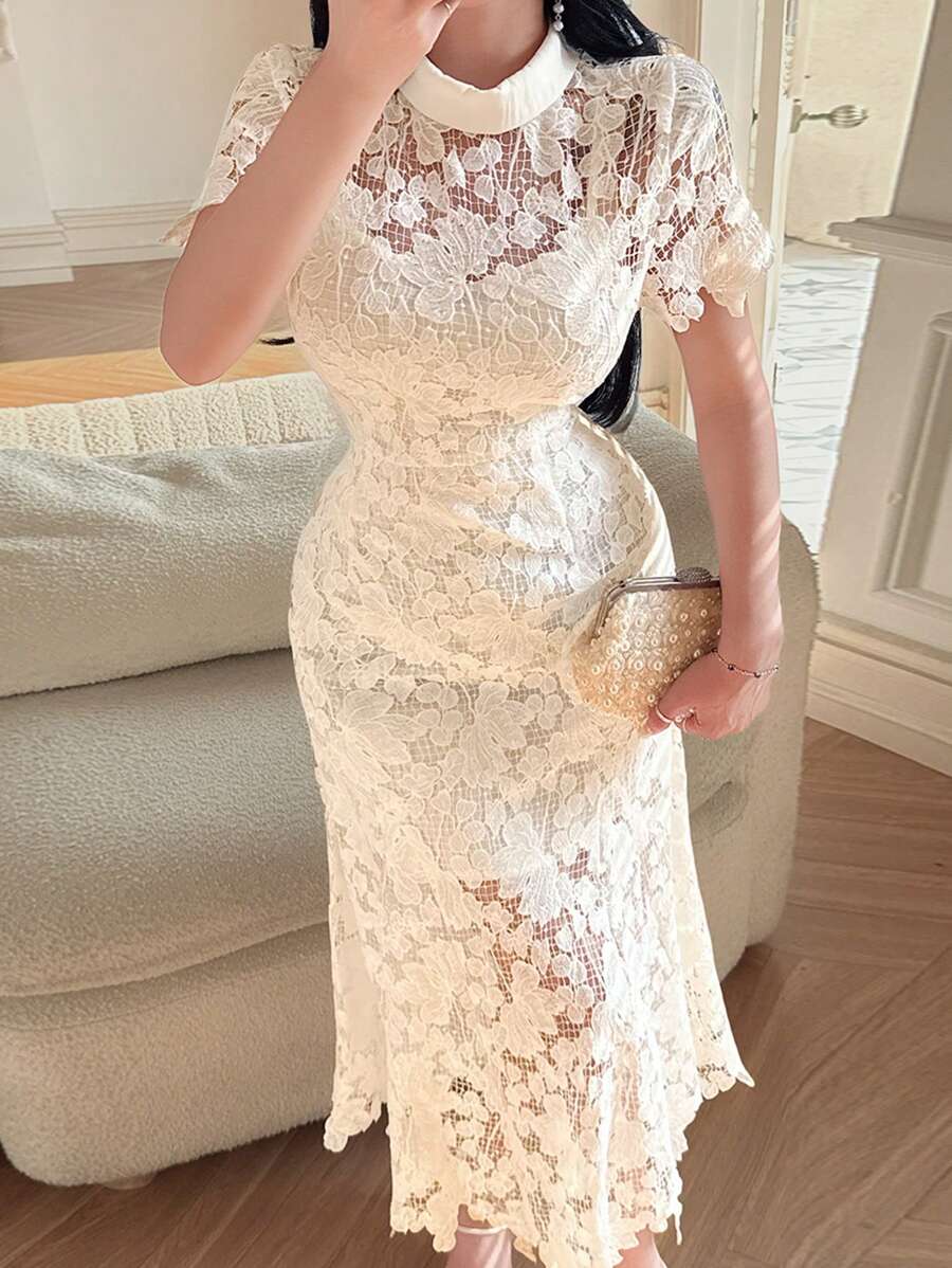 SHEIN DAZY فستان ابيض متوسط الطول شفاف من الدانتيل