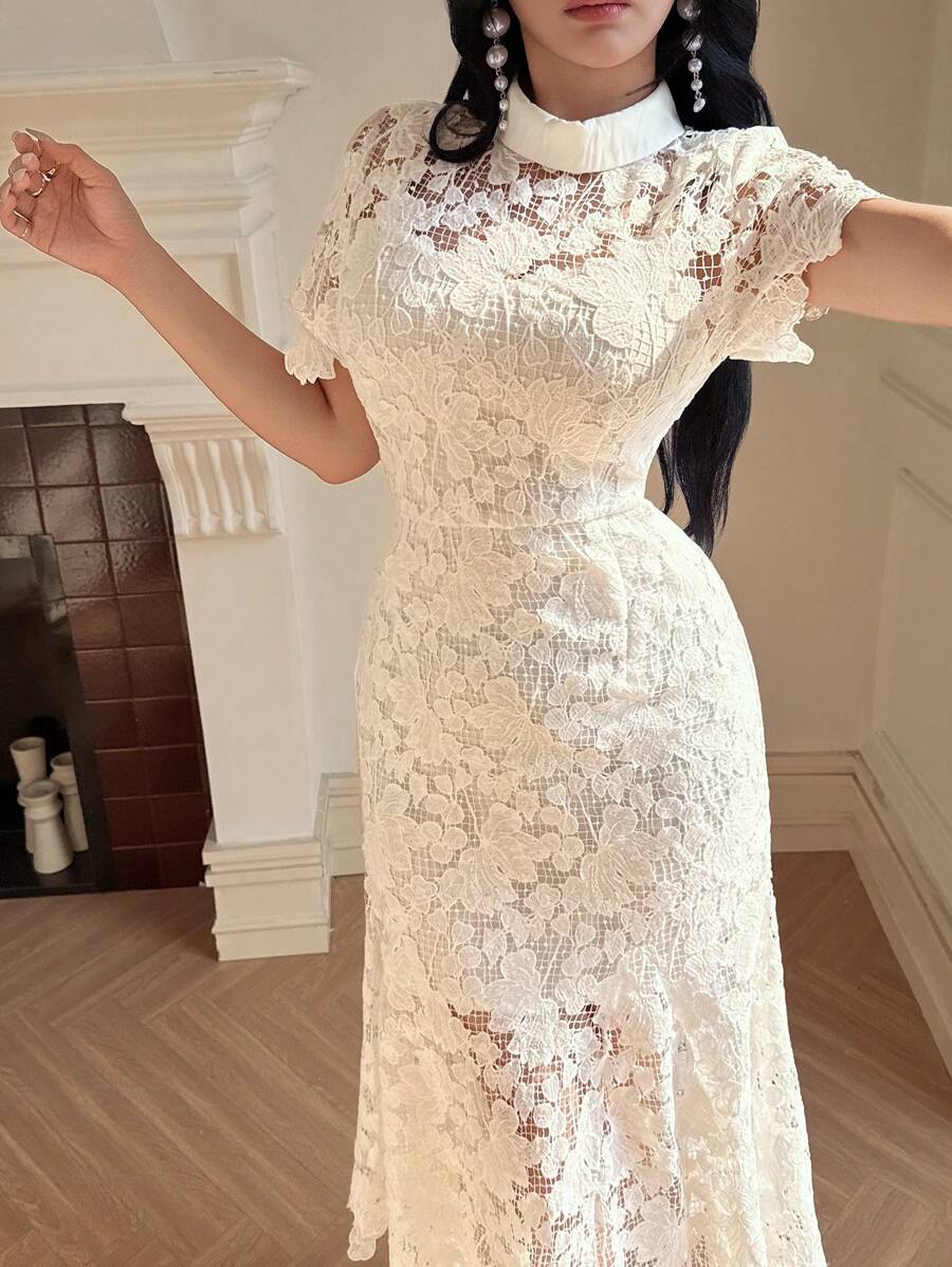 SHEIN DAZY فستان ابيض متوسط الطول شفاف من الدانتيل