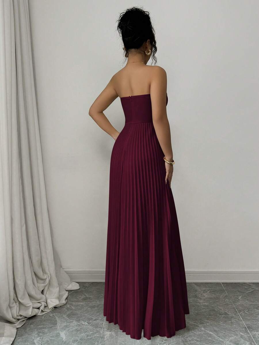 SHEIN Elenzga فستان عنابي مقسم الخصر بكريهات وتفاصيل منبثرة
