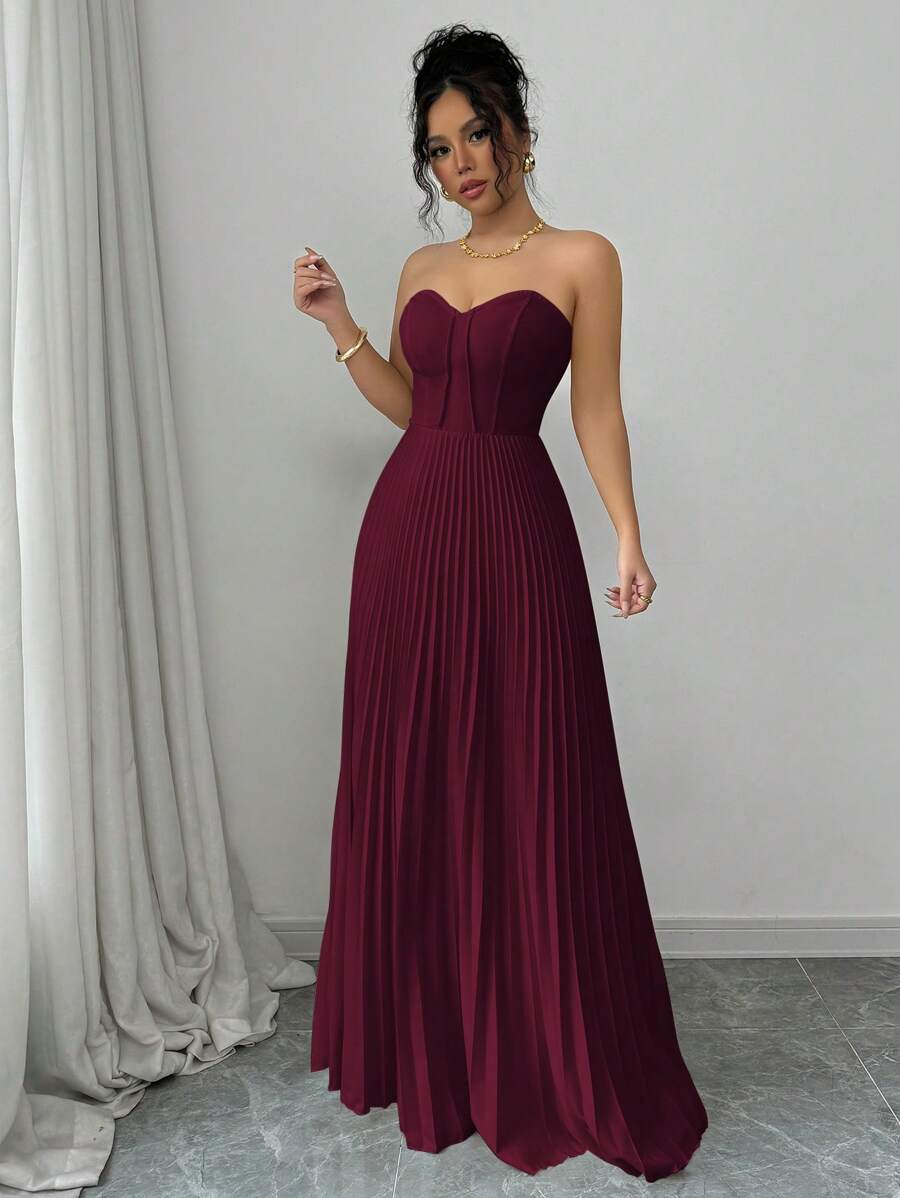 SHEIN Elenzga فستان عنابي مقسم الخصر بكريهات وتفاصيل منبثرة