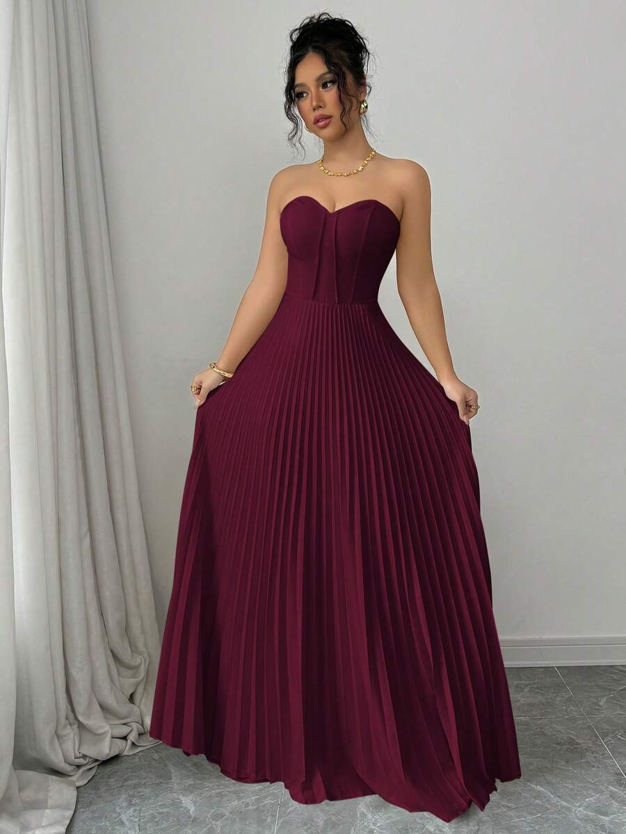 SHEIN Elenzga فستان عنابي مقسم الخصر بكريهات وتفاصيل منبثرة
