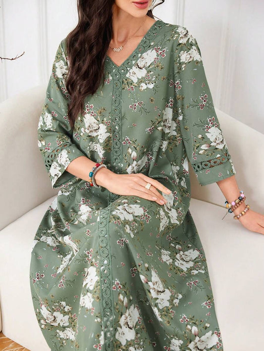 SHEIN Lacomfia فستان عربي محتشم بطبعة زهرية وأكمام 3/4 واسع