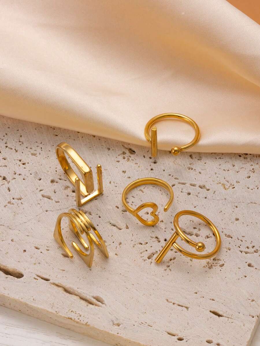 SHEIN طقم 5 خواتم ذهبي من الفولاذ المقاوم للصدأ