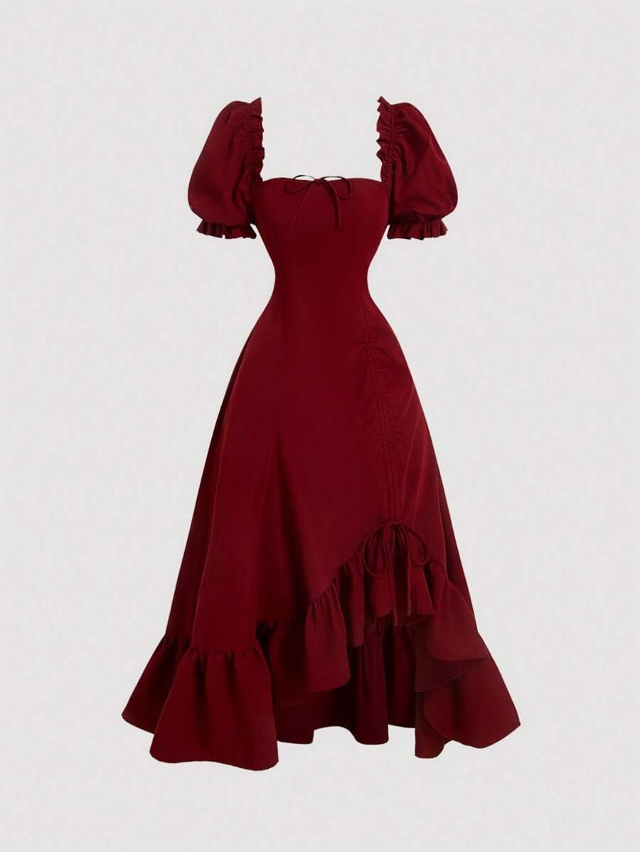 SHEIN MOD فستان عنابي متوسط الطول بفيونكة وأكمام منتفخة