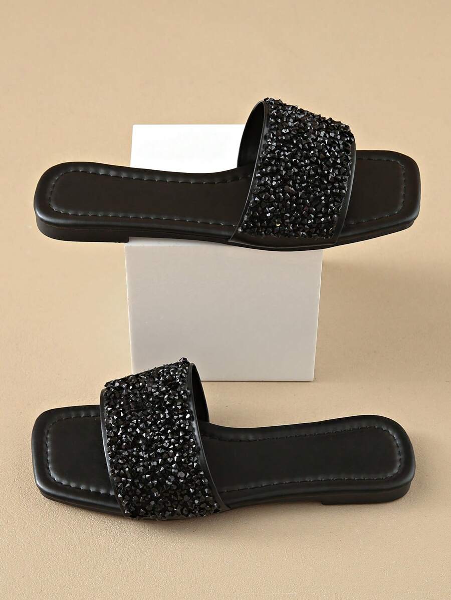 SHEIN شبشب نسائي اسود أنيق بتطريز بلوري ماسي