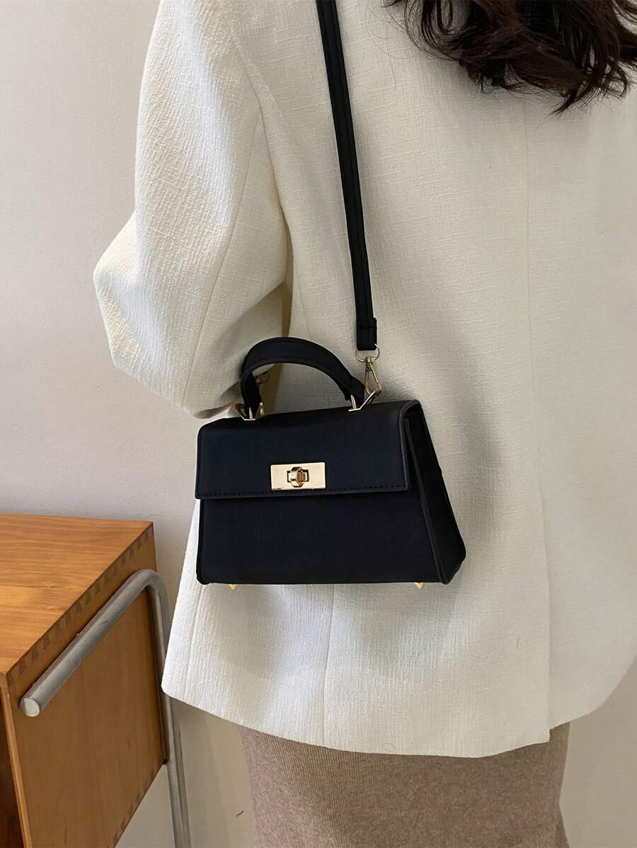 SHEIN حقيبة يد من البولي يوريثان بلون أسود بغطاء معدني مبروم