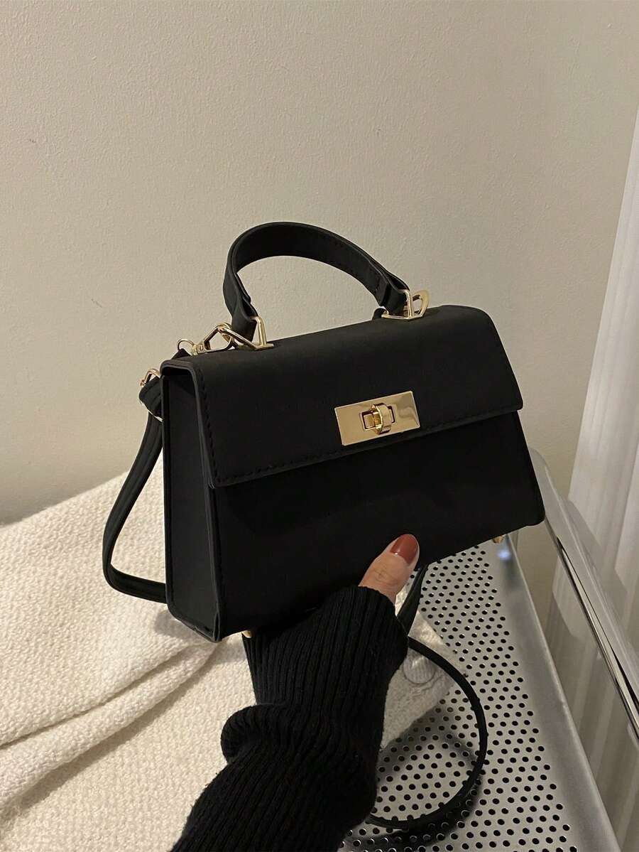 SHEIN حقيبة يد من البولي يوريثان بلون أسود بغطاء معدني مبروم