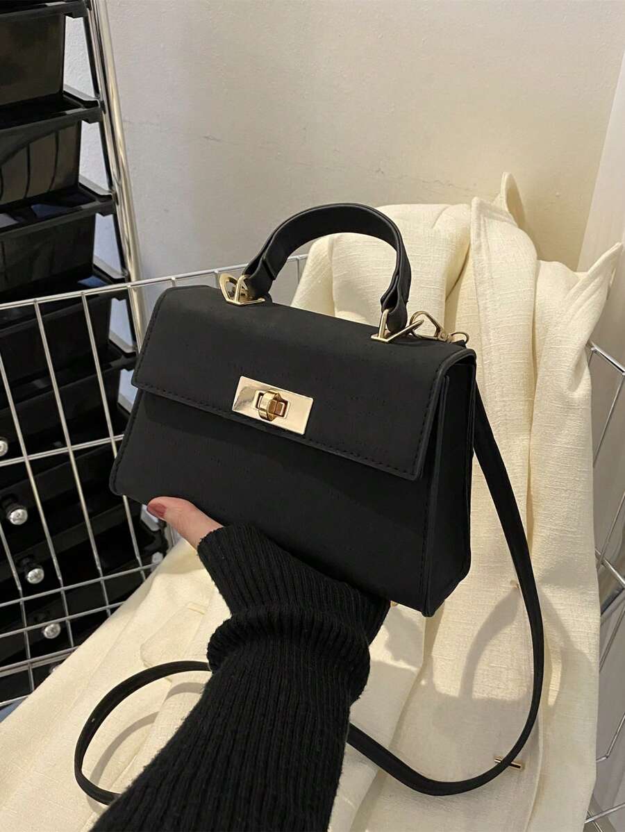 SHEIN حقيبة يد من البولي يوريثان بلون أسود بغطاء معدني مبروم