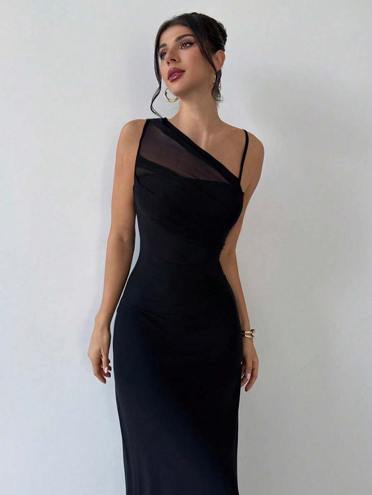 SHEIN Firerie فستان أسود من الشبك برقبة غير متماثلة