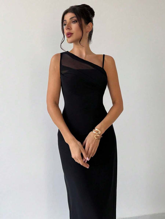 SHEIN Firerie فستان أسود من الشبك برقبة غير متماثلة