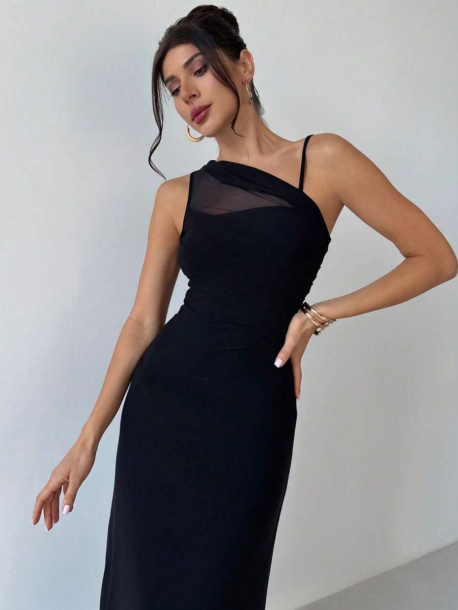 SHEIN Firerie فستان أسود من الشبك برقبة غير متماثلة