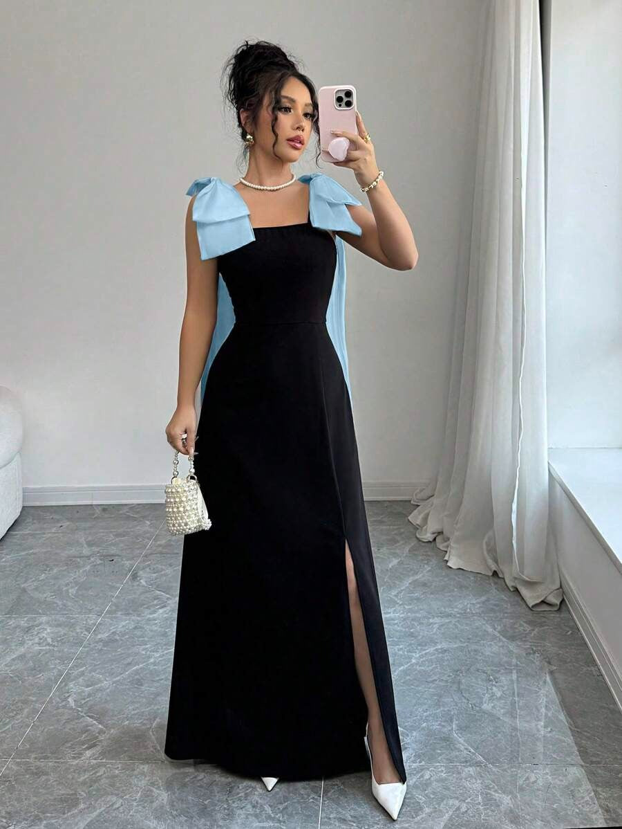 SHEIN Elenzga فستان أسود طويل بدون أكمام بفيونكة باللون الأزرق