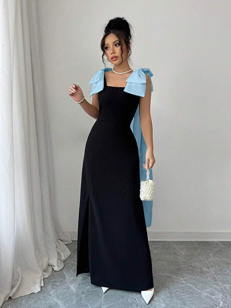SHEIN Elenzga فستان أسود طويل بدون أكمام بفيونكة باللون الأزرق