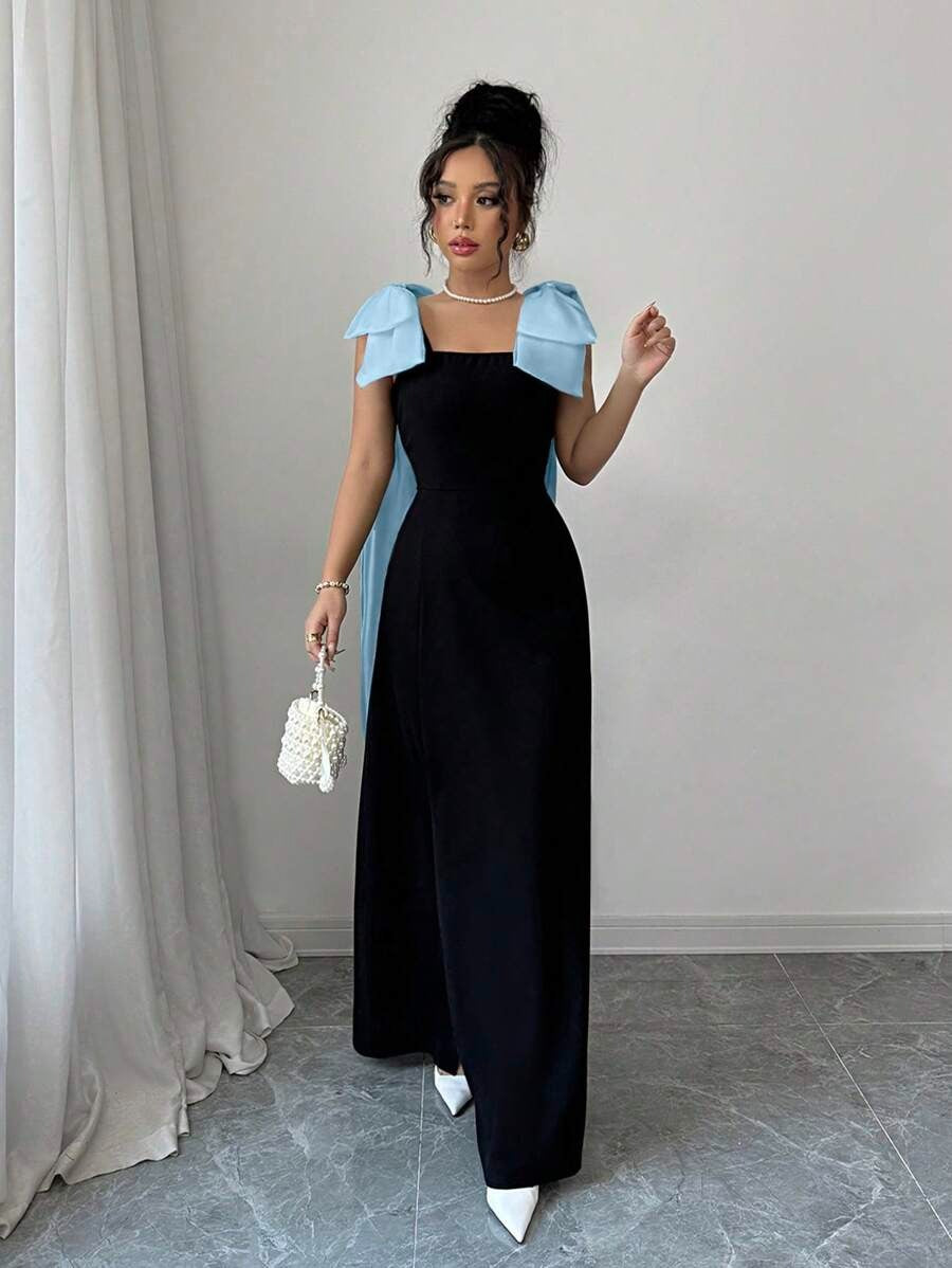 SHEIN Elenzga فستان أسود طويل بدون أكمام بفيونكة باللون الأزرق