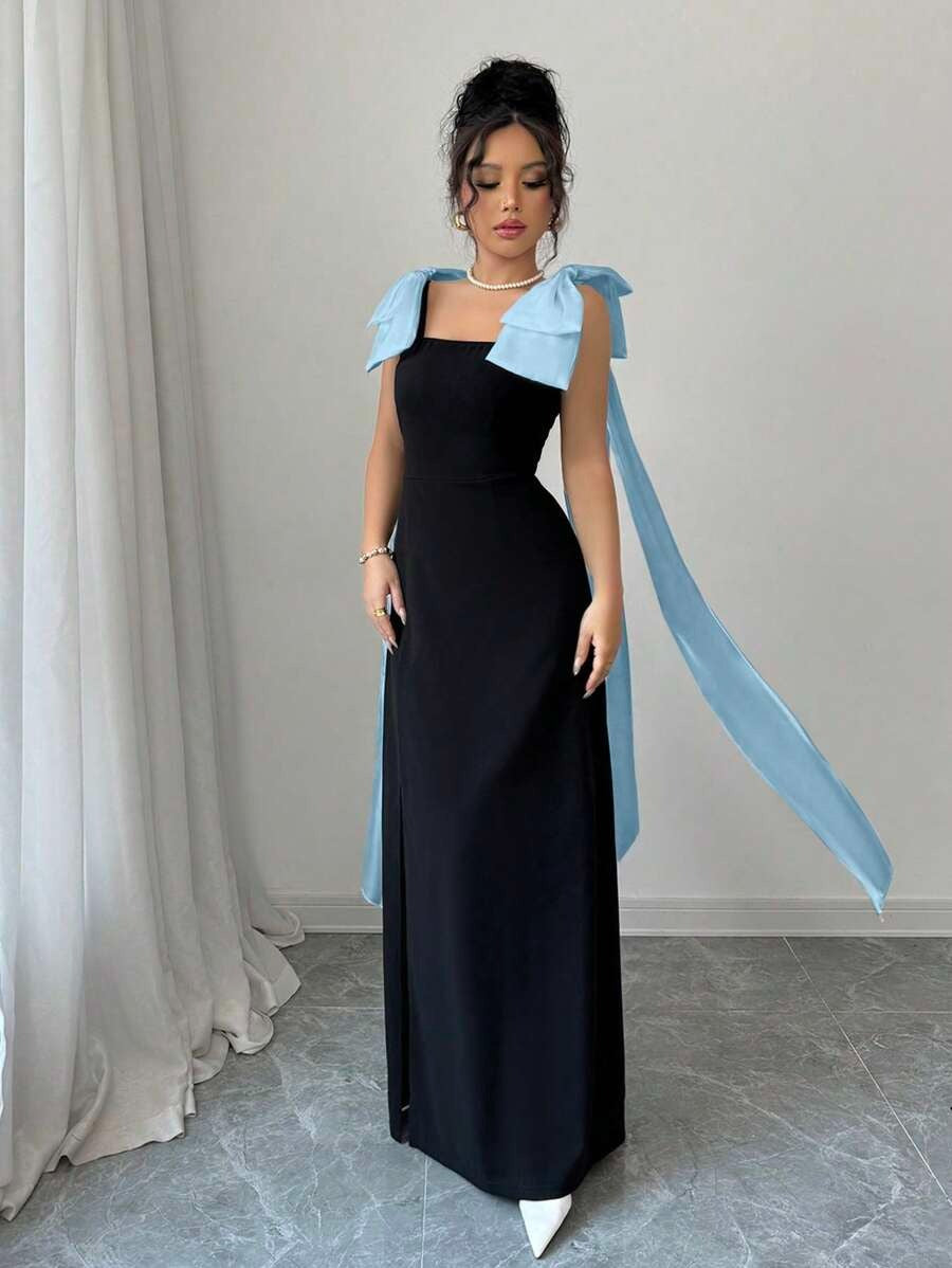 SHEIN Elenzga فستان أسود طويل بدون أكمام بفيونكة باللون الأزرق