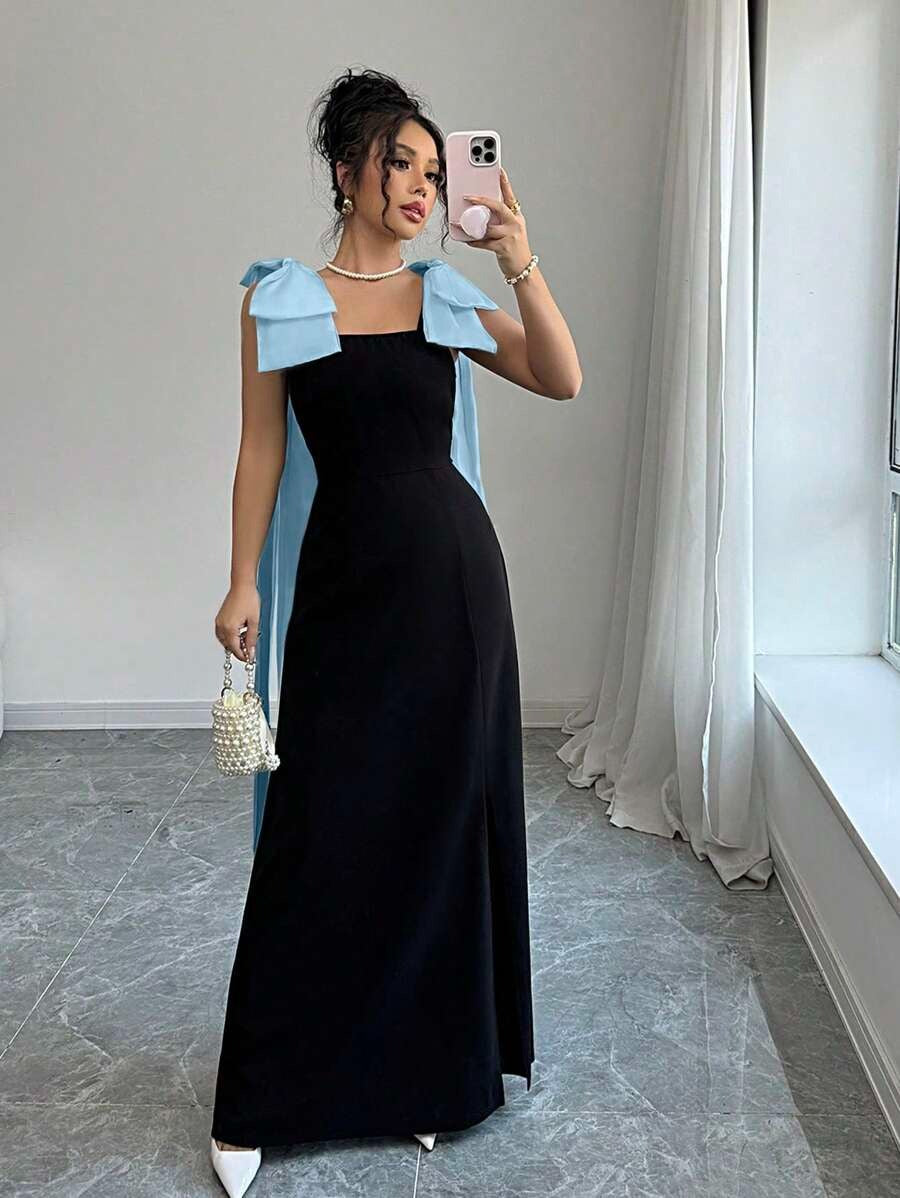 SHEIN Elenzga فستان أسود طويل بدون أكمام بفيونكة باللون الأزرق