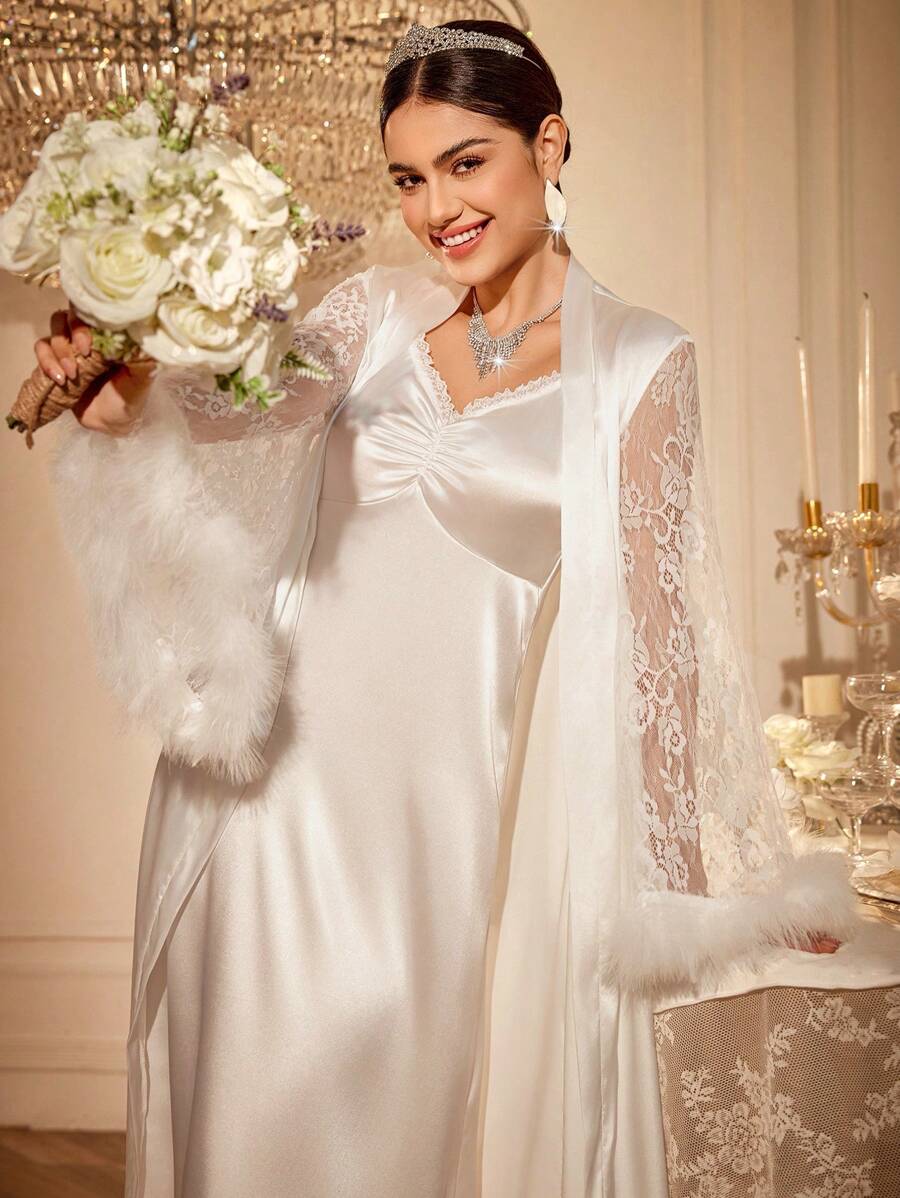 SHEIN Slumberist طقم فستان نوم وروب ساتان بتفاصيل ريش ودانتيل