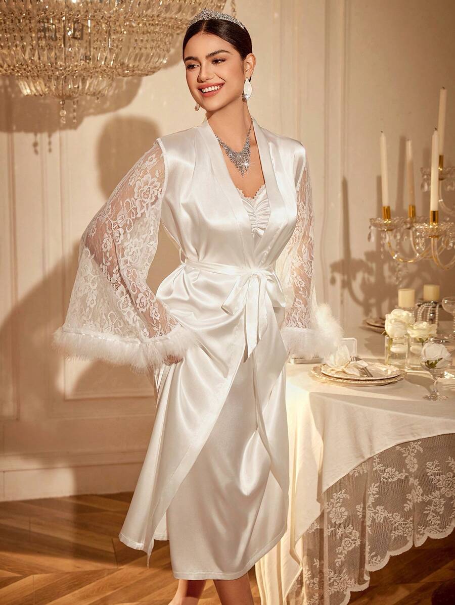 SHEIN Slumberist طقم فستان نوم وروب ساتان بتفاصيل ريش ودانتيل
