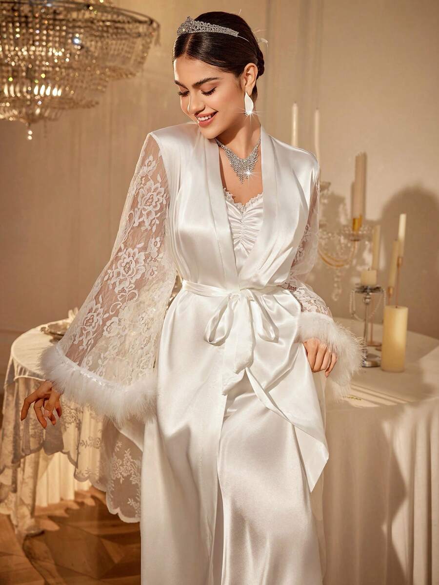 SHEIN Slumberist طقم فستان نوم وروب ساتان بتفاصيل ريش ودانتيل