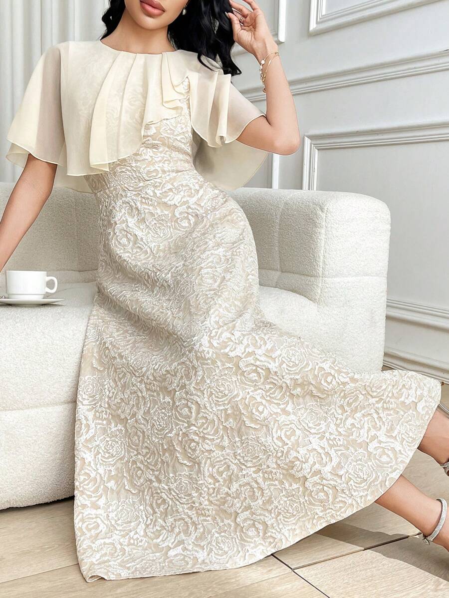 SHEIN Modelyn فستان متوسط الطول ضيق مطرز بلون مشمشي