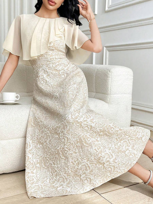 SHEIN Modelyn فستان متوسط الطول ضيق مطرز بلون مشمشي