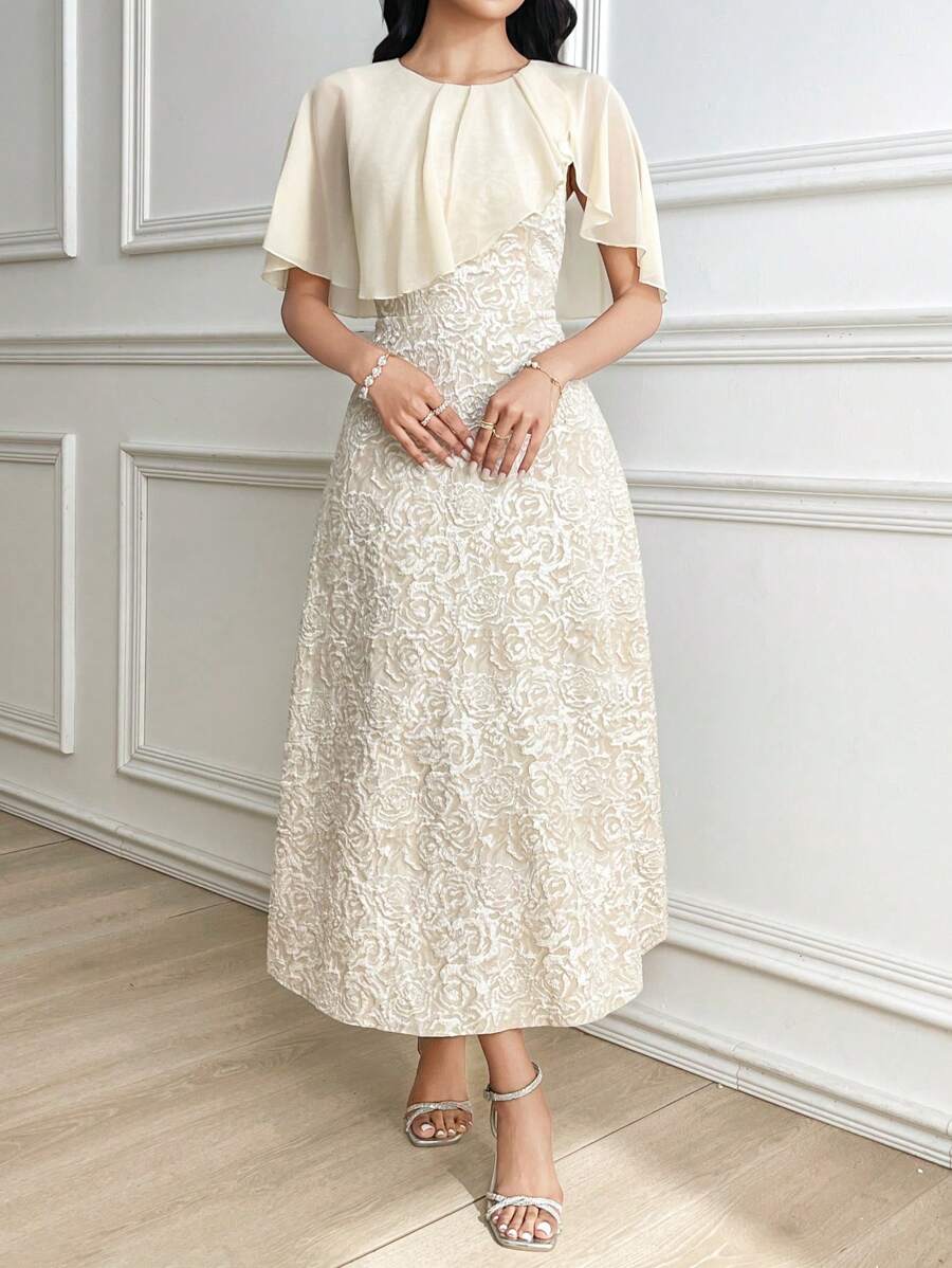 SHEIN Modelyn فستان متوسط الطول ضيق مطرز بلون مشمشي