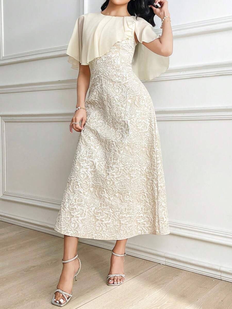 SHEIN Modelyn فستان متوسط الطول ضيق مطرز بلون مشمشي