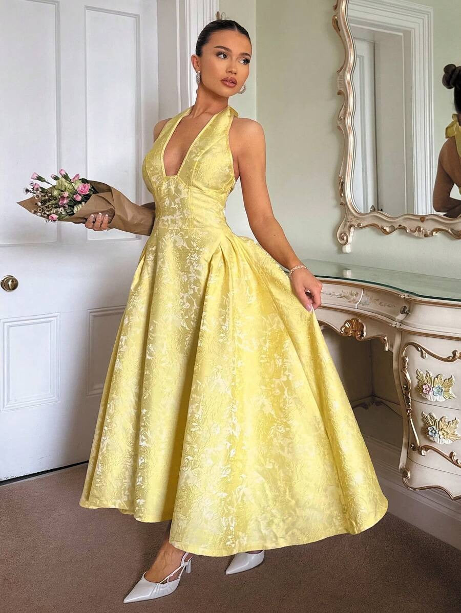 SHEIN Glamine فستان جاكار أصفر بأزهار بارزة وربطة عنق