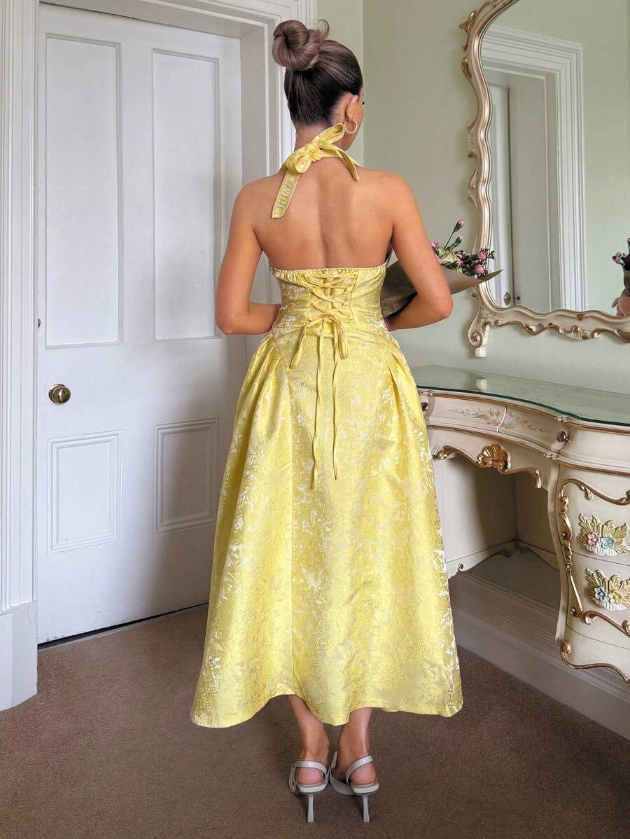 SHEIN Glamine فستان جاكار أصفر بأزهار بارزة وربطة عنق