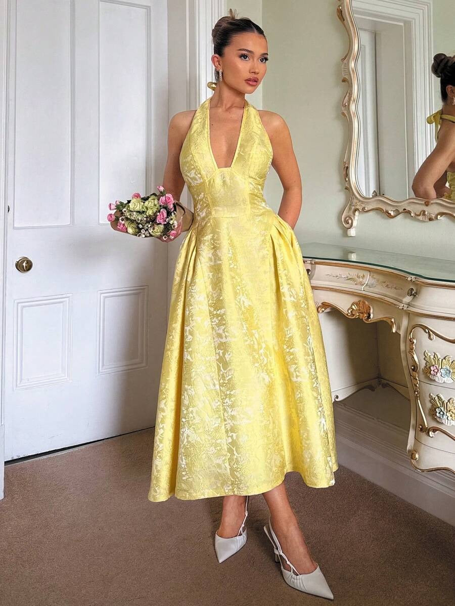 SHEIN Glamine فستان جاكار أصفر بأزهار بارزة وربطة عنق
