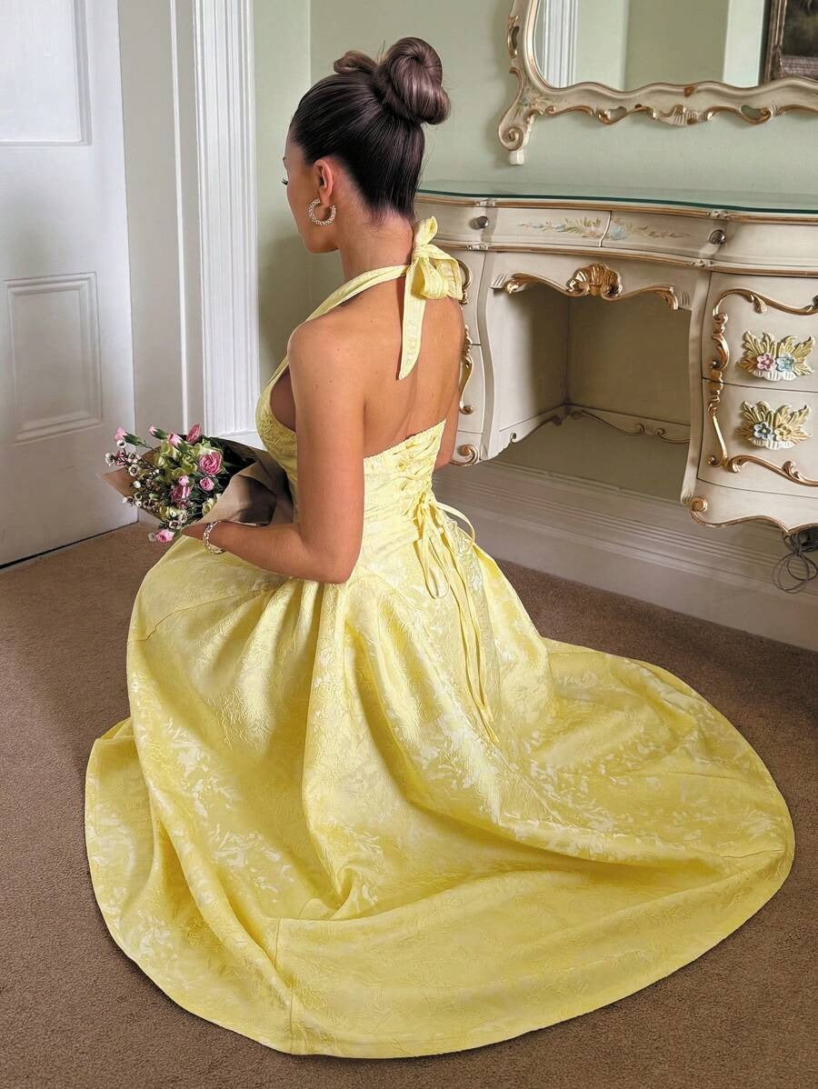 SHEIN Glamine فستان جاكار أصفر بأزهار بارزة وربطة عنق