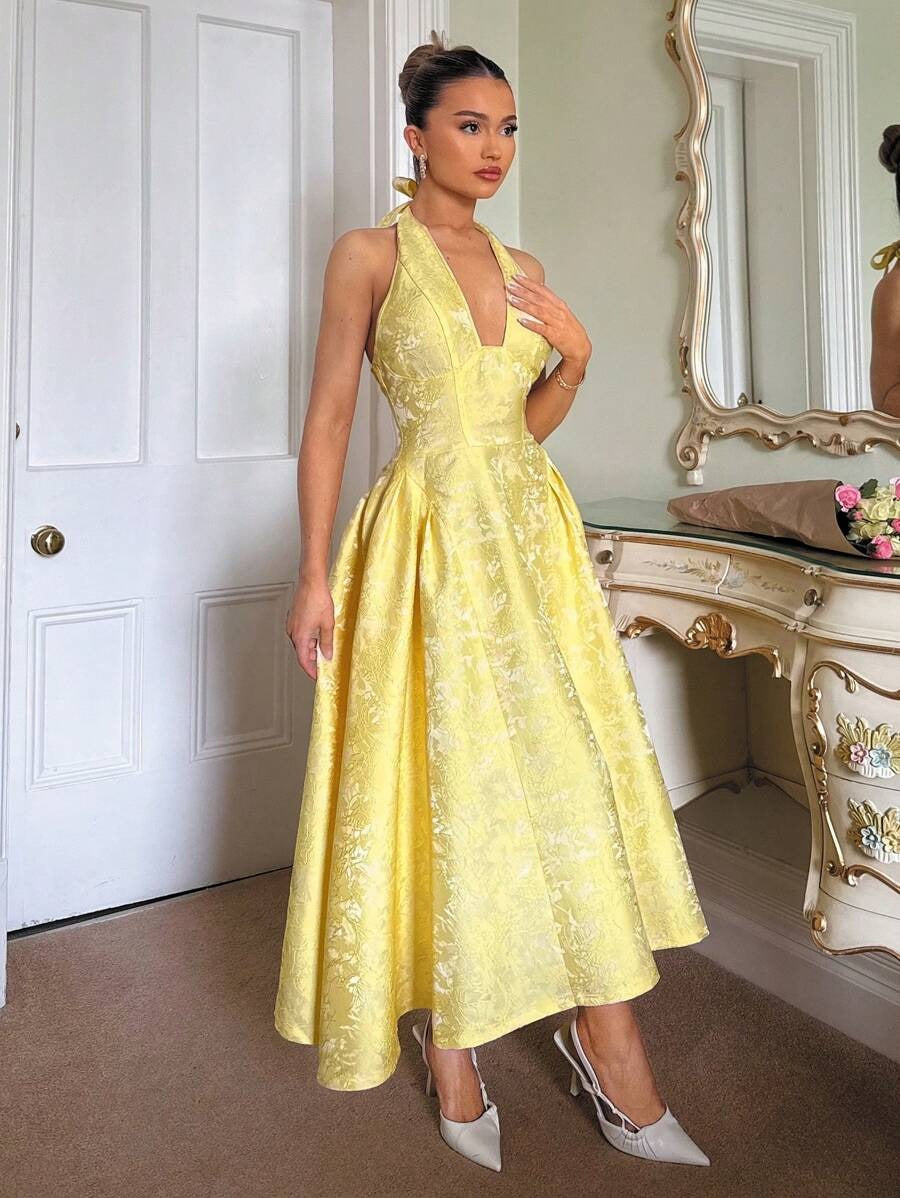 SHEIN Glamine فستان جاكار أصفر بأزهار بارزة وربطة عنق